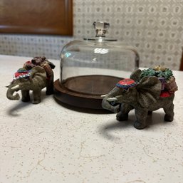 Vintage Cloche With Wood Base & Pair Of Elephants By K's Collection (Kitchen)