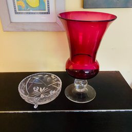 Large Pink And Clear Glass Vase And Pressed Glass Footed Bowl (Living Room)