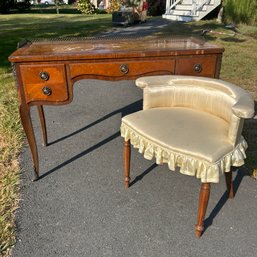 Antique LAMMERT'S Desk With Amazing Wood Grain And Features (SEE NOTES) Plus Silk Covered Vanity Chair (IS)