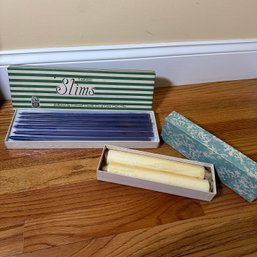 Vintage Taper Candles, Navy Taper Slims By Colonial Candles And White Pair (DR)