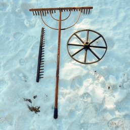 Vintage Wooden Rake With Rake Attachment And Wooden Wheel