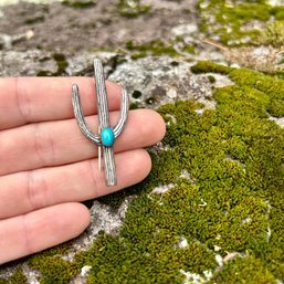 Vintage Sterling Silver & Turquoise Cactus Brooch Pin