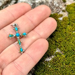 Vintage Silver & Turquoise Cross Pendant