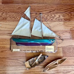 Wall Mount Model Sailboat, Plus Two Model Rowboats (office)