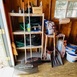 Pair Of Plastic Rakes, Shovel And Broom (Shed)