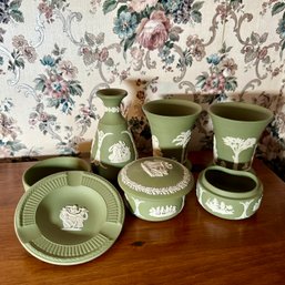 Assorted Wedgewood Green Jasperware Pieces, Including Vases, Ashtray, And More (Dining Room)