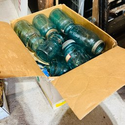Box Lot Of Vintage Blue Glass Canning Jars