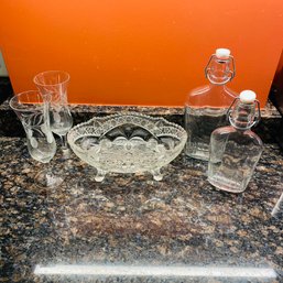 Assorted Glassware Lot - Footed Bowl, Decanters, And Cut-Glass Wine Glasses (Livingroom 2)