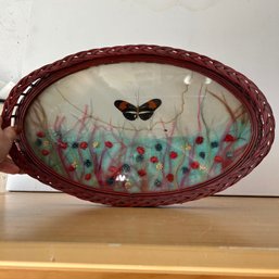 Lovely Painted Wicker Tray With Dried Flowers & Butterly (KB)