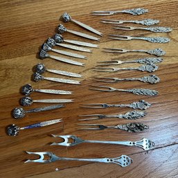 Large Lot Of Assorted Decorative Sterling Appetizer Picks & Forks (DR) (HW2)