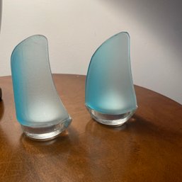 Cute Pair Of Light Blue Seaglass-like Sailboat Votive Candle Holders (Sm Bdrm)