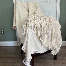 Pair Of Diane Jackson Cole Cream Throw Blankets, Cotton & Cotton Chenille (HW)