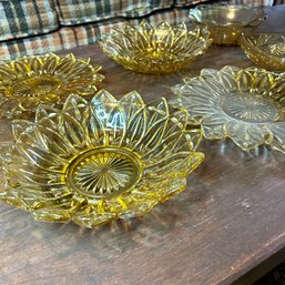 Gorgeous Lot Of Federal Glass Amber Sunflower Serving Dishes And Bowls, & Hazel Atlas Amber Candy Dish (Base)