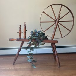 Farmhouse Wooden Spinning Wheel Planter With Faux Plant (DR)