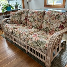 Vintage Benchcraft Rattan Sofa With Floral Cushions (LR)