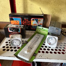 Misc. Lot - Auto Compass/Thermometer, Super Pump, Timers, Pair Of EnergyMizer HM100 Energy Saver (Garage)