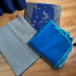 Handmade Card Table Cover, Blue Table Runner, & Woven Placemat (DR) (HW11)