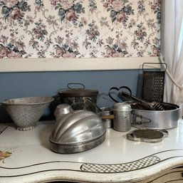 Assorted Vintage Metal Kitchen Items Incl. Strainer, Springform Pans, & Adjustable Measuring Spoon (Dining Roo