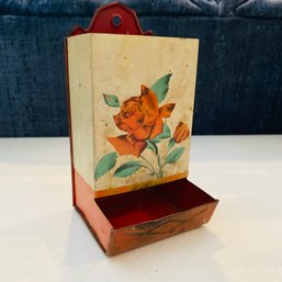 Vintage Tin Matchbox Holder With Red Rose (Living Room On Table Left Side)