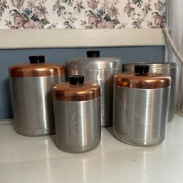 Vintage Mid-Century Aluminum Canister Set With Copper Tops (Dining Room)