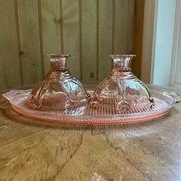 Lovely Vintage Pink Glass Candlestick Holders & Glass Tray (Porch)