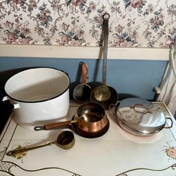 Assorted Vintage Pots, Pans, Long Handled Spoons - Revereware, Copper, Enamel! (Dining Room)