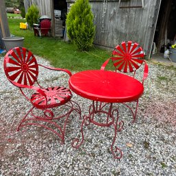 Amazing Vintage Red Painted Metal Patio Set - Table And Two Rocking Chairs (Outside)