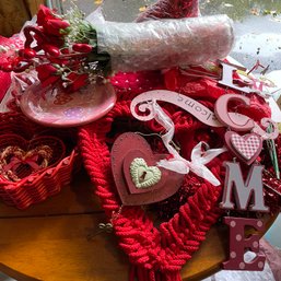 Large Lot Of Valentines Day Decorations Incl. Wall Hangings, Baskets, Tablecloths, Etc. (garage)