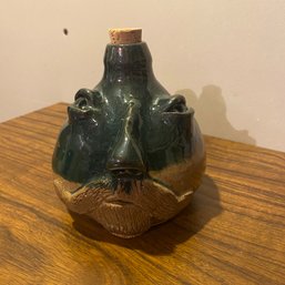 Folk Art Pottery Corked Jug With Face On Front & Handle (Bsmt Shelf)