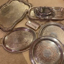 6 Pieces Of Silver Plater Serving Dishes & Platters, And 2 Utensils (Bsmt Shelf)
