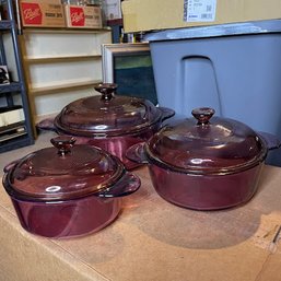 Set Of Three Vintage Corning Visions Cranberry Casserole Dishes (Basement)