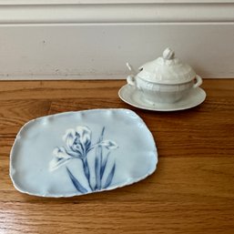 Blue Toned Dish Marked Copenhagen Versailles & Small Richard Ginori Italy Covered Bowl W/ Spoon  (DR)