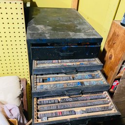 Large Metal Storage Chest With Assorted Vintage Letterpress Blocks (Basement Workshop)