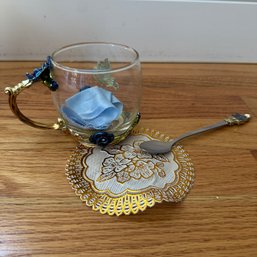Decorative Glass Mug With Flowers & Butterfly, Spoon, Doily (DR)