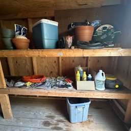 Shed Shelf Lot Including Cooler, Rope, Extension Cord, Flower Pots, & More (Shed)