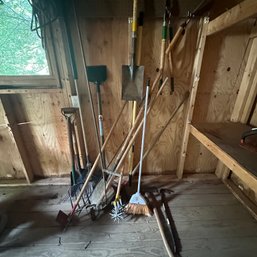 Shed Lot Including Rakes, Shovels, Clippers, Shepherd's Hook, Hoe, Tiller, & More (Shed)