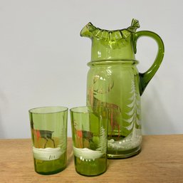 Vintage Green Glass Ruffle Pitcher With Two Drinking Glasses, Deer Motif