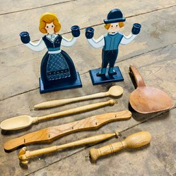 Wooden Utensils With Wall Hanger And Folkart Couple Candle Sticks (attic)