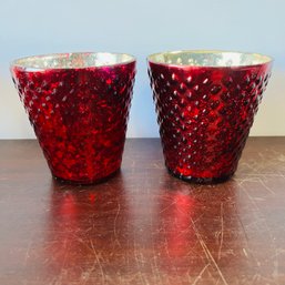 Pair Of Red Hobnail Glass Candle Holders (CD)