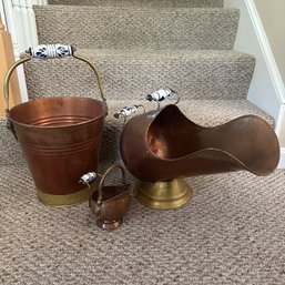 Trio Of Copper Buckets With White & Blue Ceramic Handles (LR)