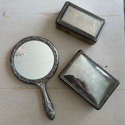 Vintage Silver Plated Hand Mirror With Two Silver Plated Boxes (Living Room)