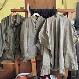 Military Field Jacket M-1943 & Fur-Lined Parka, Plus Poncho (Garage)