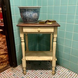Vintage Wooden Side Table W/ Pull Out Drawer And Painted Ceramic Planter (Basement)