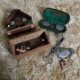 Vintage Odds And Ends Assortment: Coins, Glasses, Pocket Knife, Clock, Etc. (Upstairs 2)