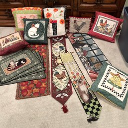 Vintage Farmhouse Textiles Lot! Inc CrossStitch Pillows, Placemats, Tapestries, Etc (BR)