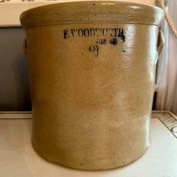 Large Vintage Crock Stamped 'E. Woodworth' (Dining Room)