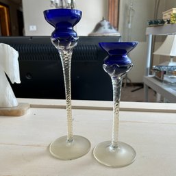 Pair Of Vintage Cobalt Blue Glass Crystal Candle Holders (living Room)