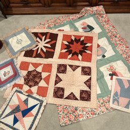 Handmade Quilt Lot: Throw Pillowcases, Small Wall Hanging, Small Blanket (BR)