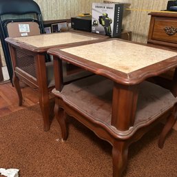 Pair Of Vintage End Tables, Wood, Marble, And Cane (b1)