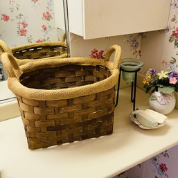 Basket With Vintage Pottery Soap Dish, Vase And Metal Candleholder